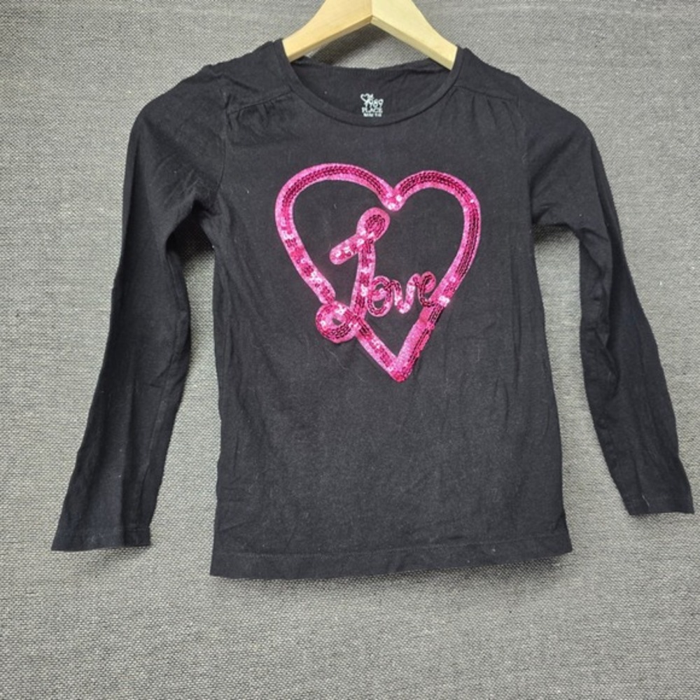 The Children Place Girls Black Pink Sequin Heart Love Long Sleeve Shirt Size 7/8